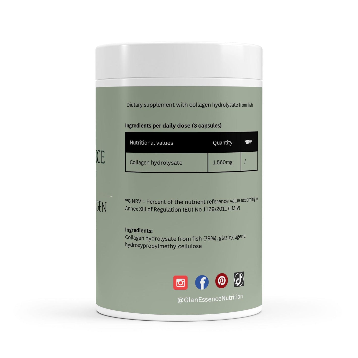 Supplement container with nutritional information and branding on a white background