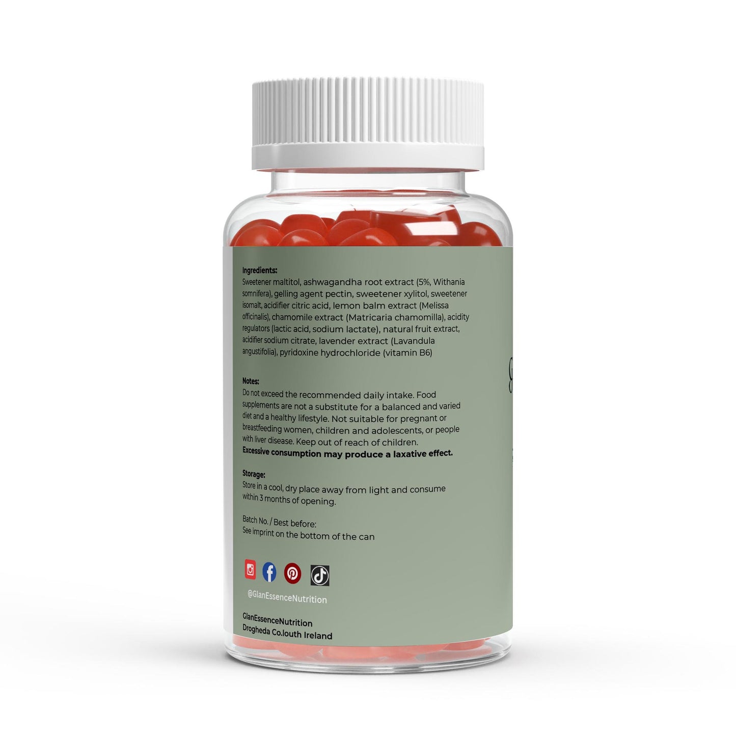 Bottle of red gummy bears with a label on a white background