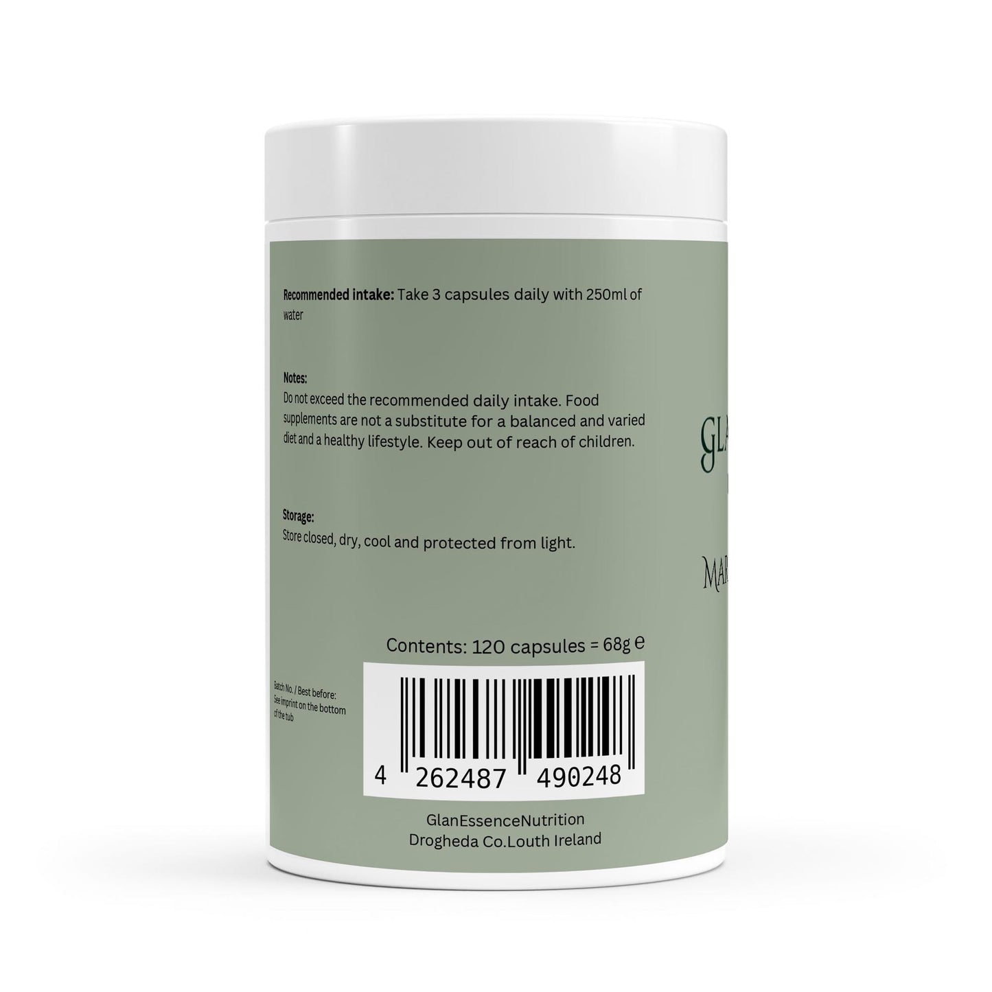 Supplement container with label and barcode on a white background