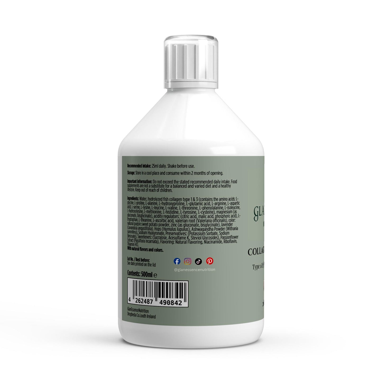Bottle label with text and a barcode on a white background