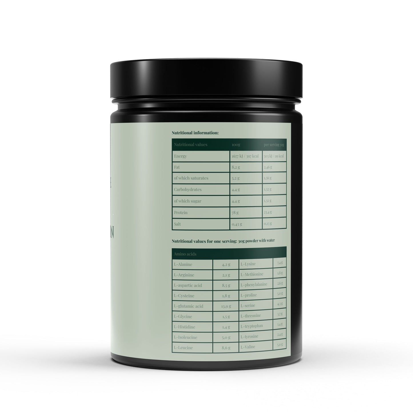 Black container with nutritional information label on a white background