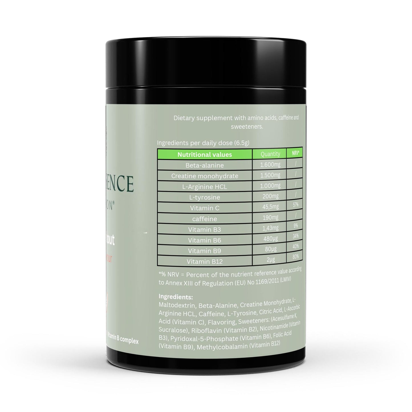 Supplement container with nutritional information on a white background