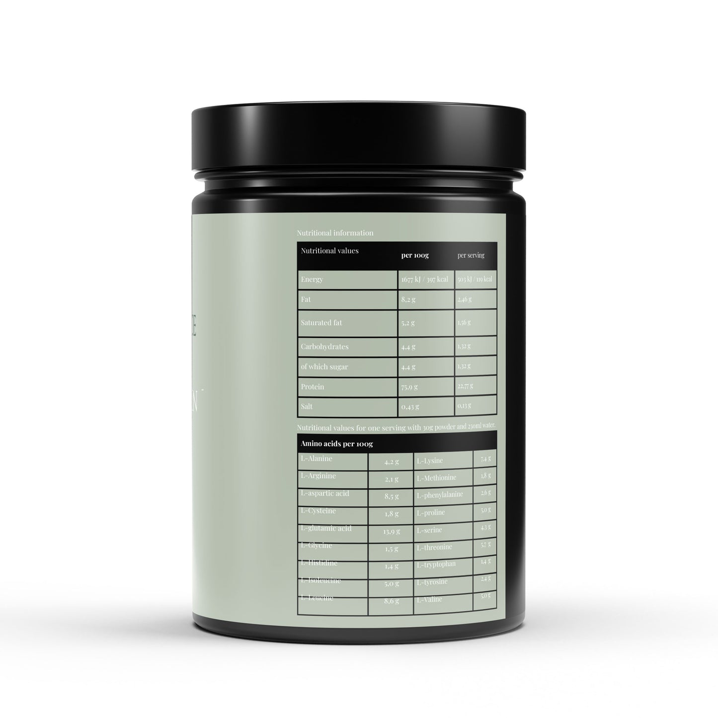 Black container with a label on a white background