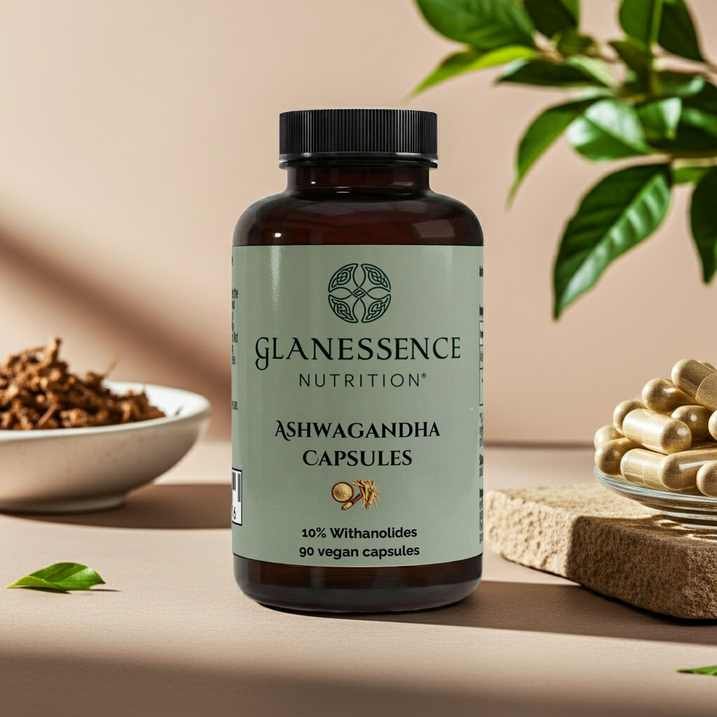 Glanessence Nutrition Ashwagandha capsules bottle on a neutral background with plants and a bowl of roots.