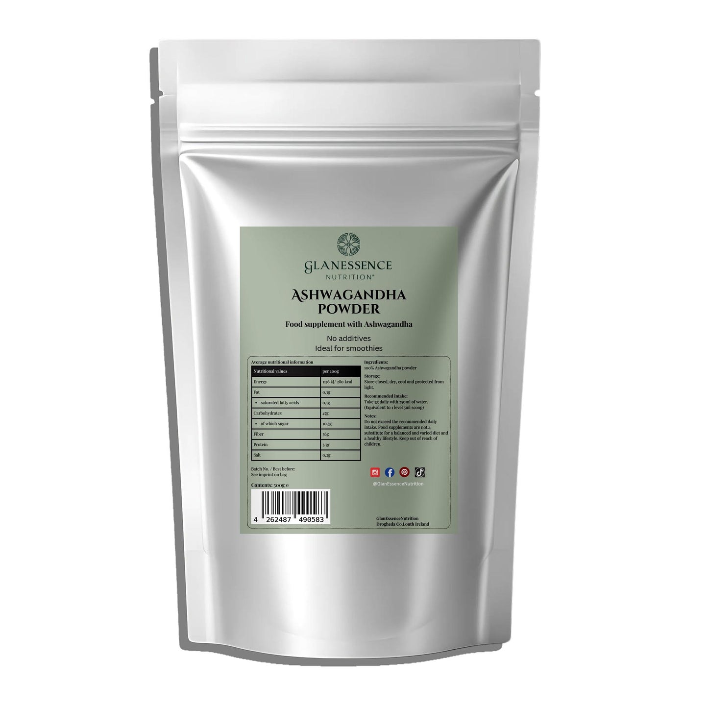 Glanessence Ashwagandha Powder packaging on a white background