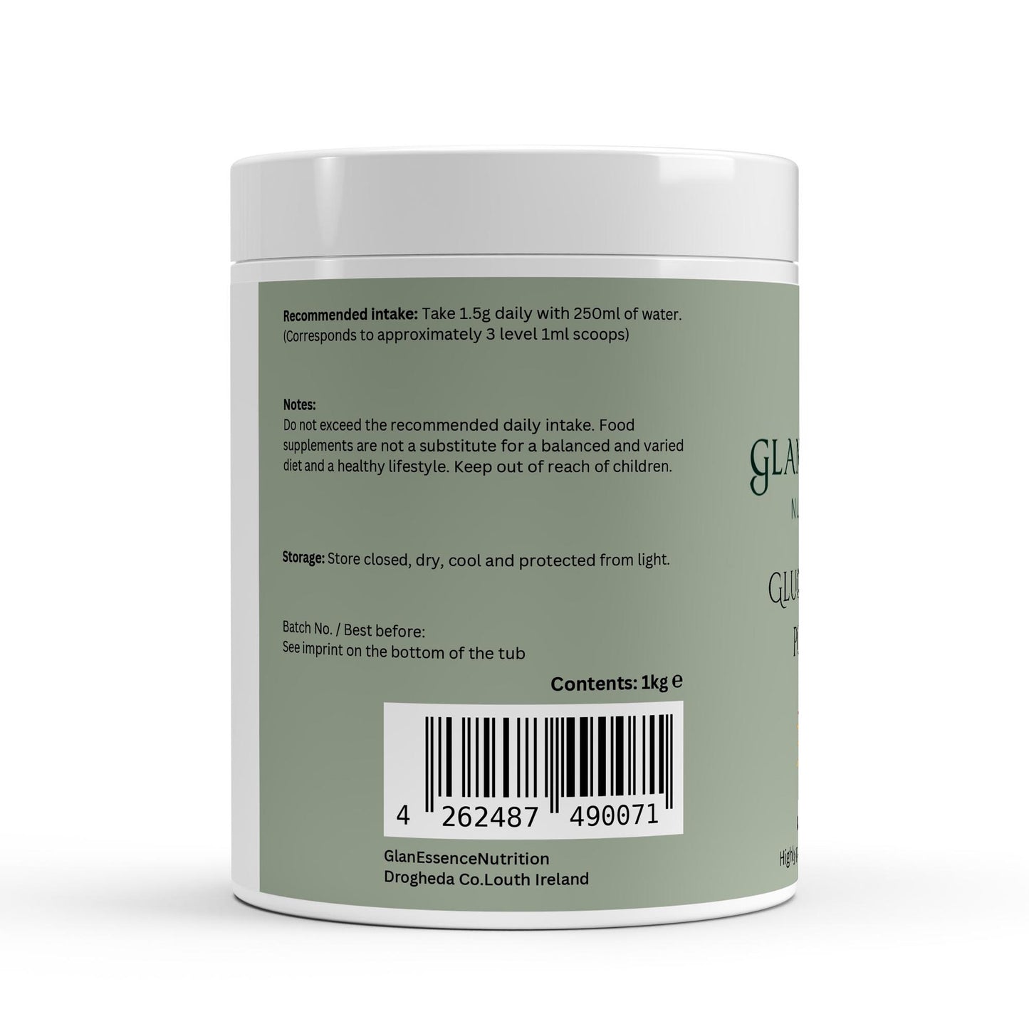 Back label of a supplement container with text and a barcode on a white background
