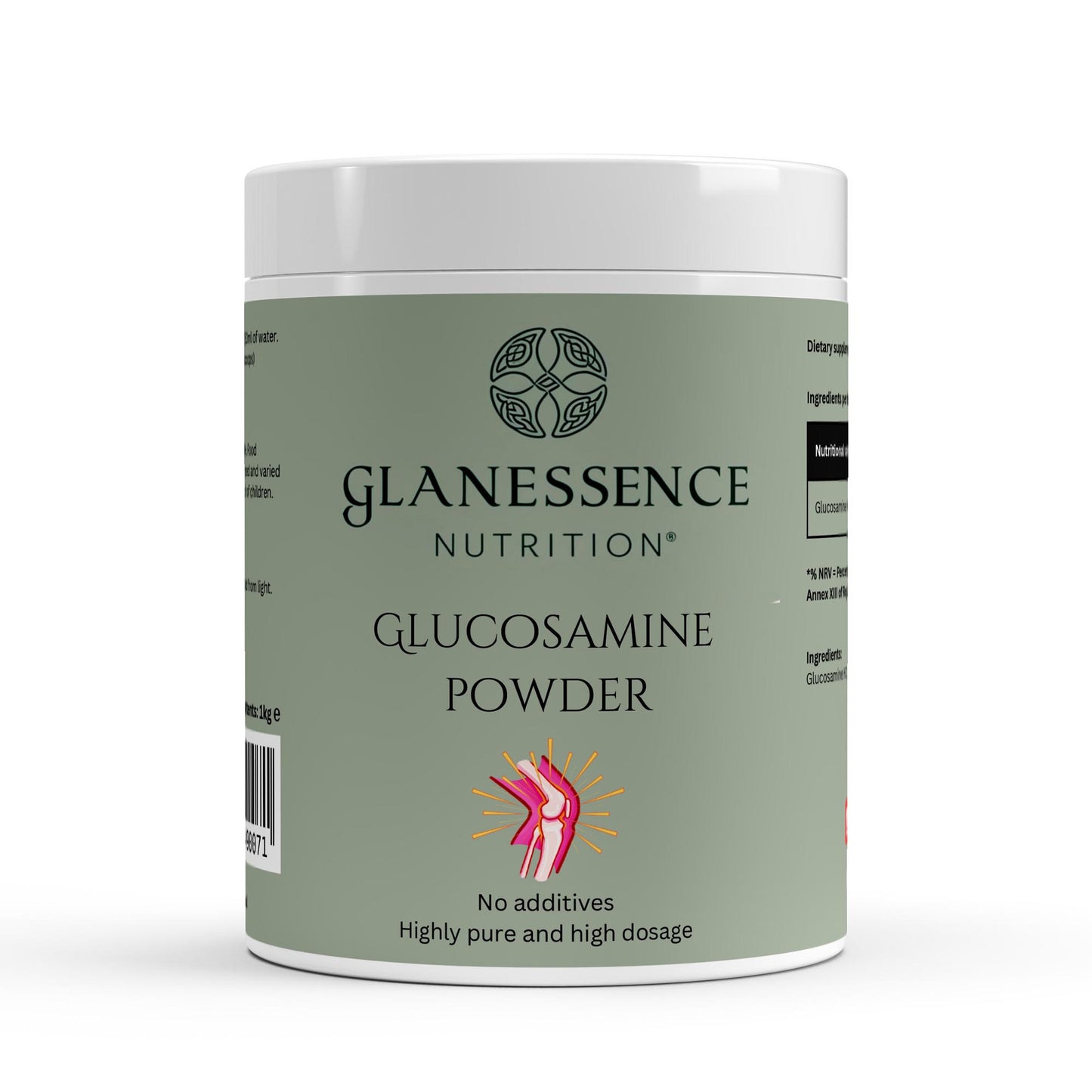 Glanessence Nutrition Glucosamine Powder container on a white background