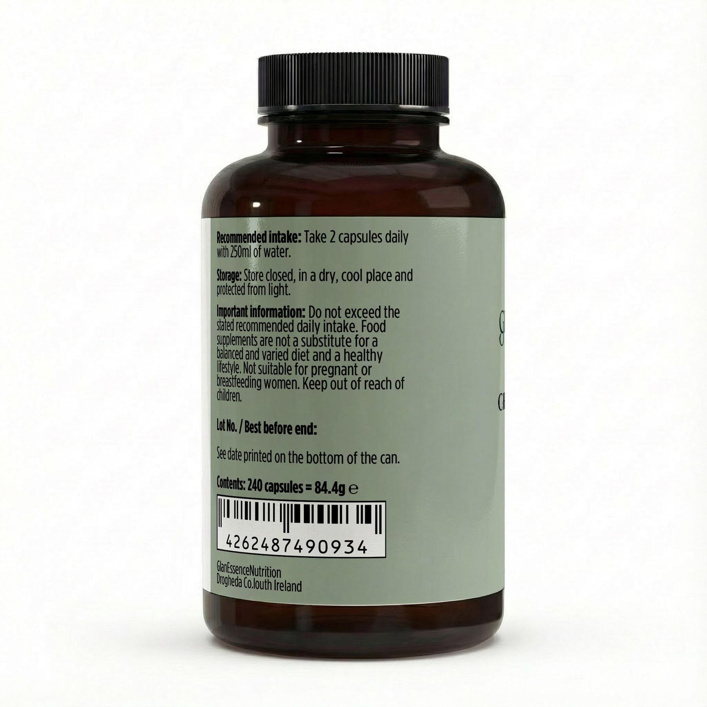 Brown supplement bottle with label on a white background