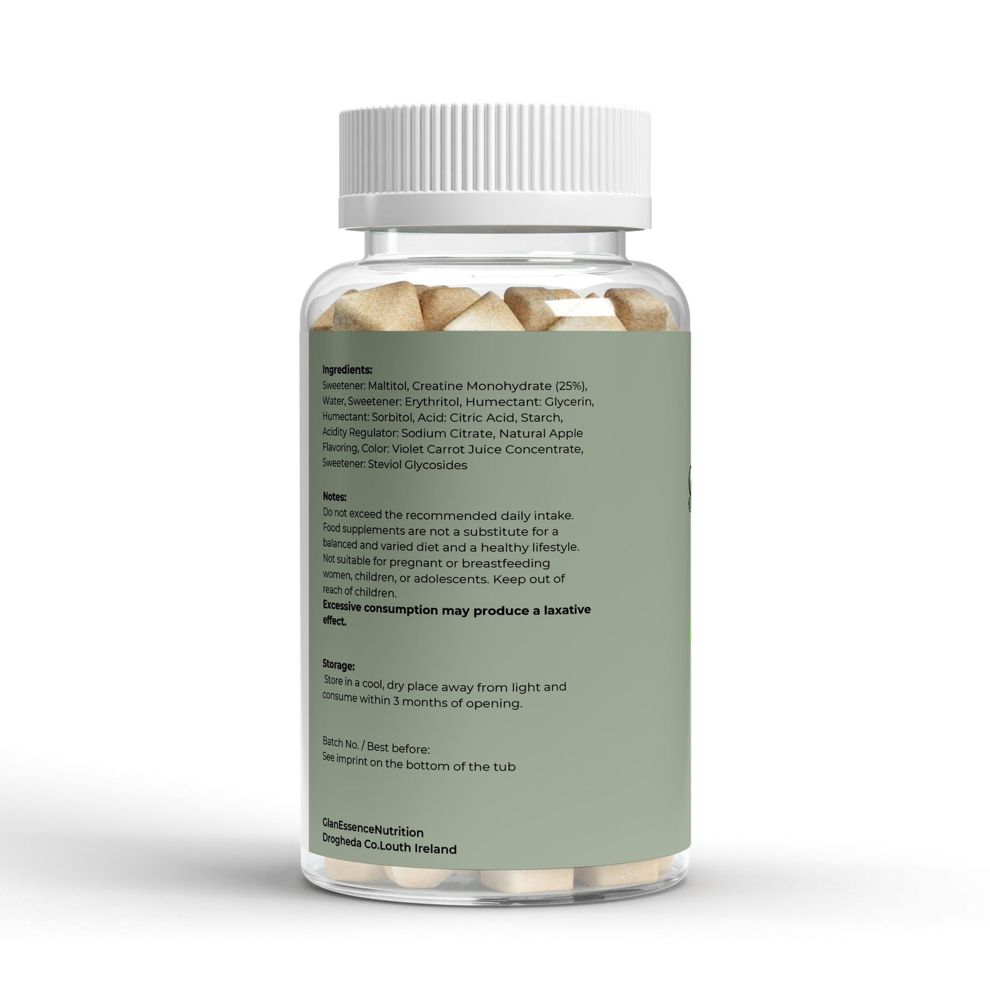 Supplement bottle with a green label on a white background
