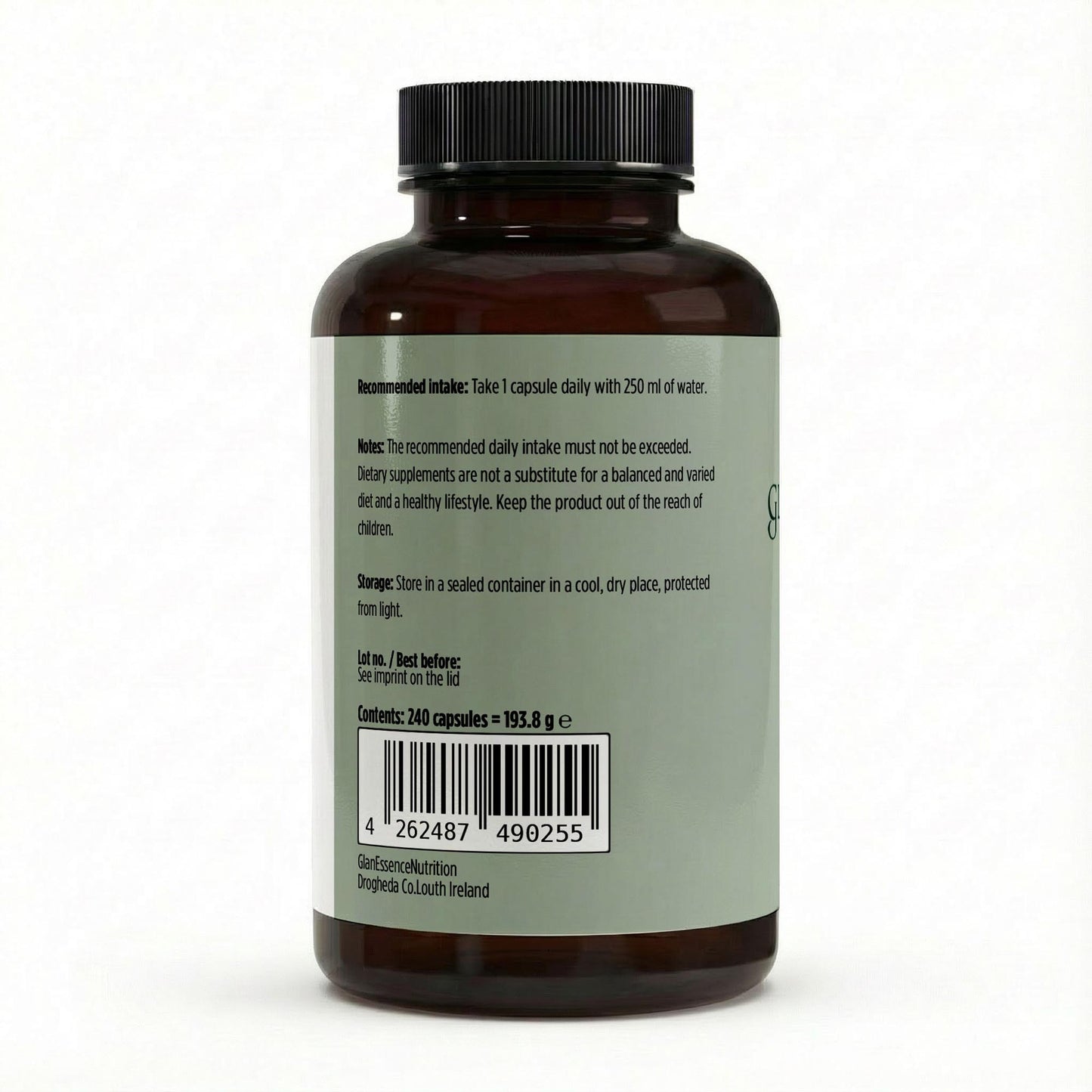 Brown supplement bottle with label on a white background
