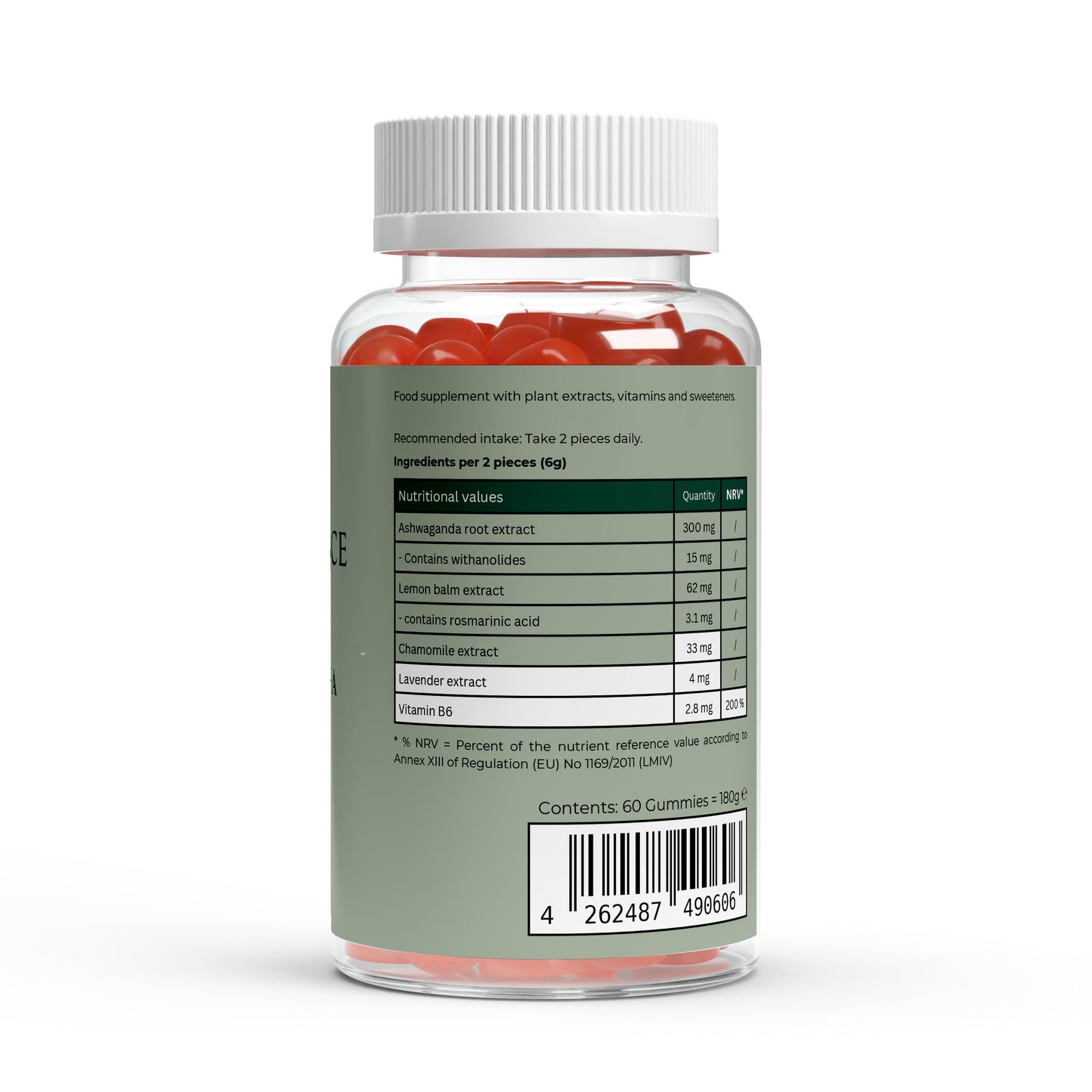 Bottle of gummy vitamins with a label on a white background