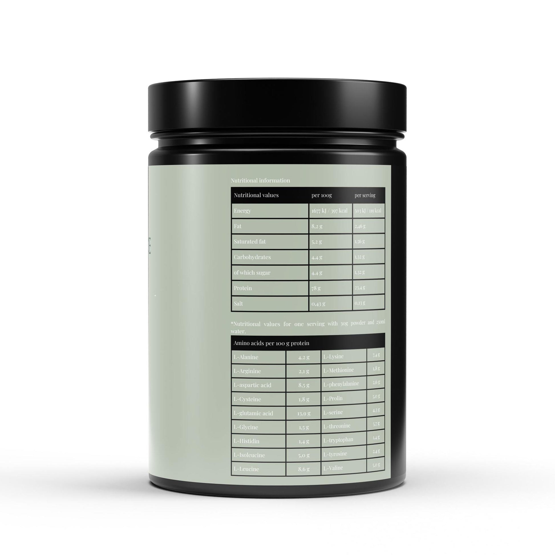 Black and green supplement container with nutritional information label on a white background