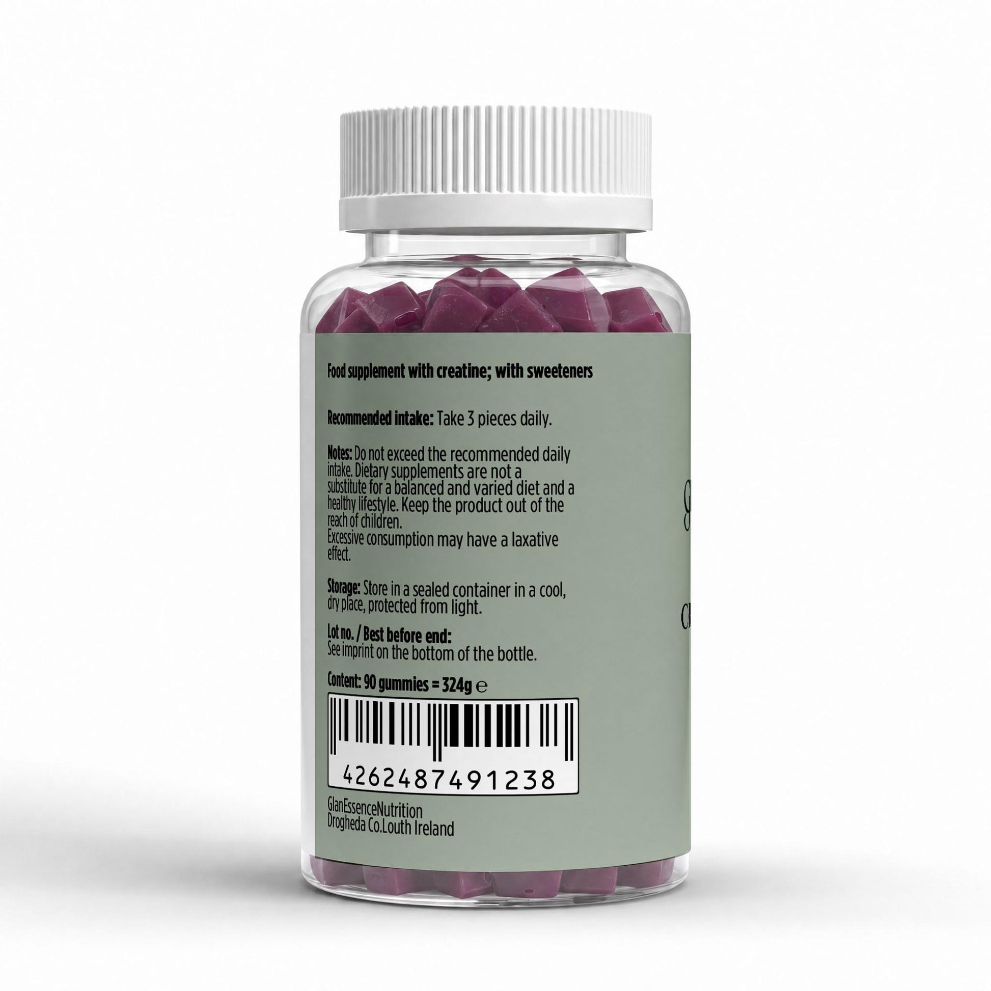 A clear plastic bottle of dietary supplement capsules with a white ribbed cap and a muted sage green label, shown from the back on a white background. The bottle is filled with dark purple capsules.