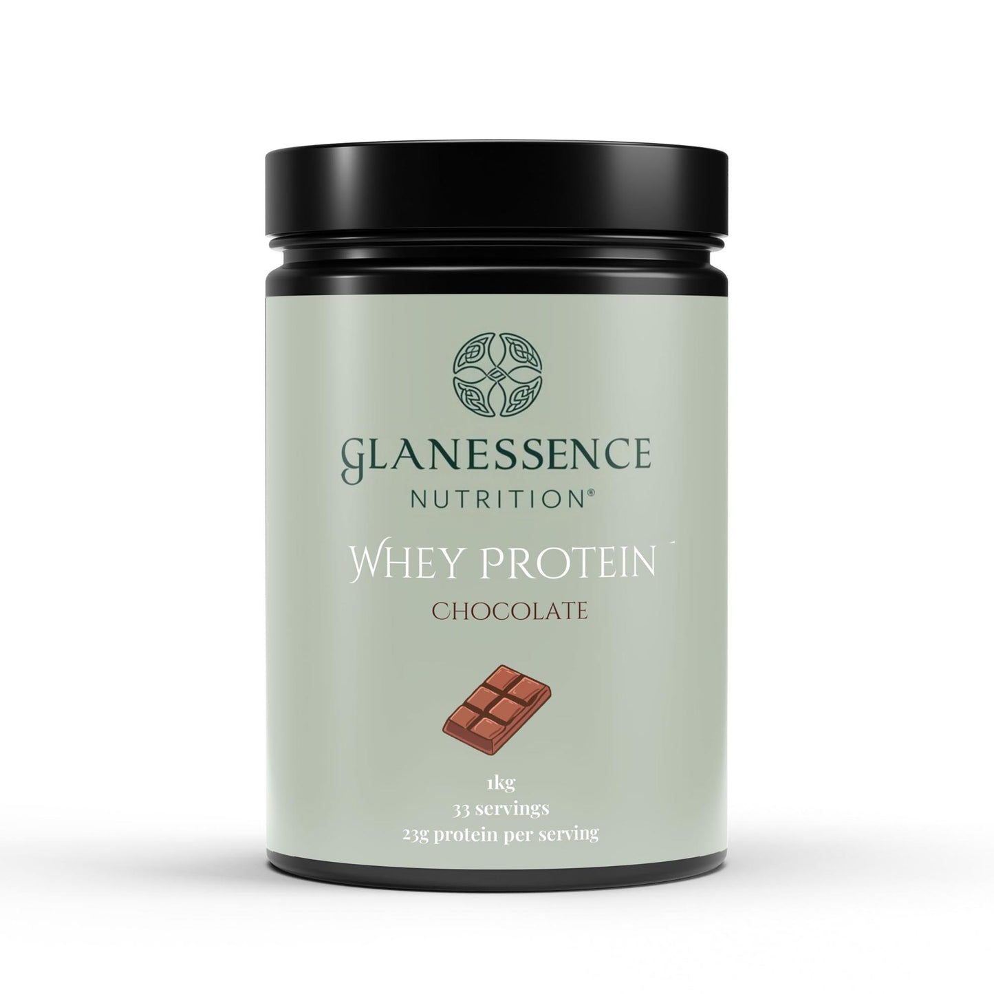Glanessence Nutrition whey protein container with chocolate flavor on a white background