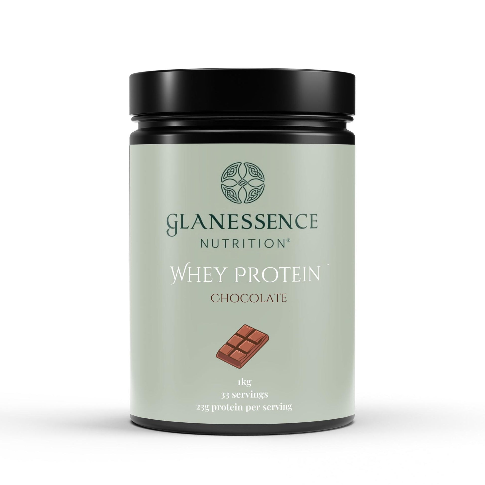 Glanessence Nutrition whey protein container with chocolate flavor on a white background