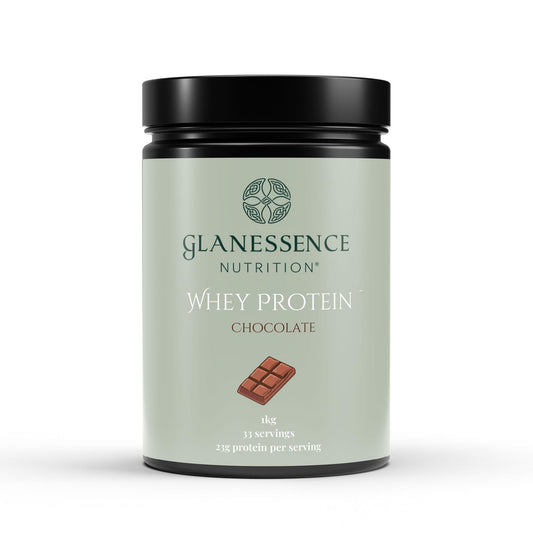 Glanessence Nutrition whey protein container with chocolate flavor on a white background