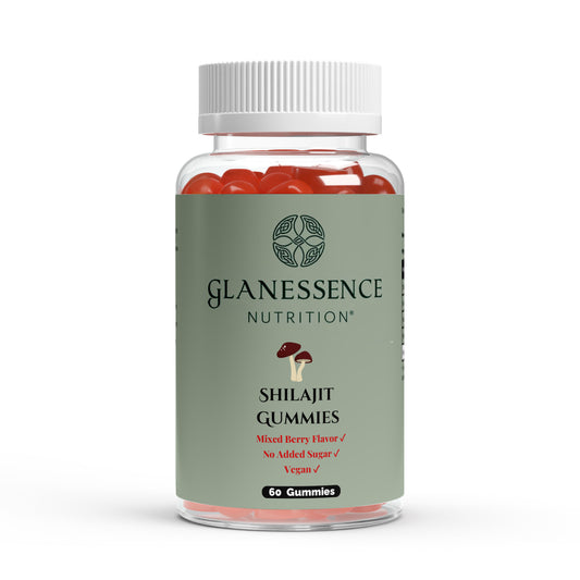 Bottle of Glanessence Nutrition Shilajit Gummies on a white background