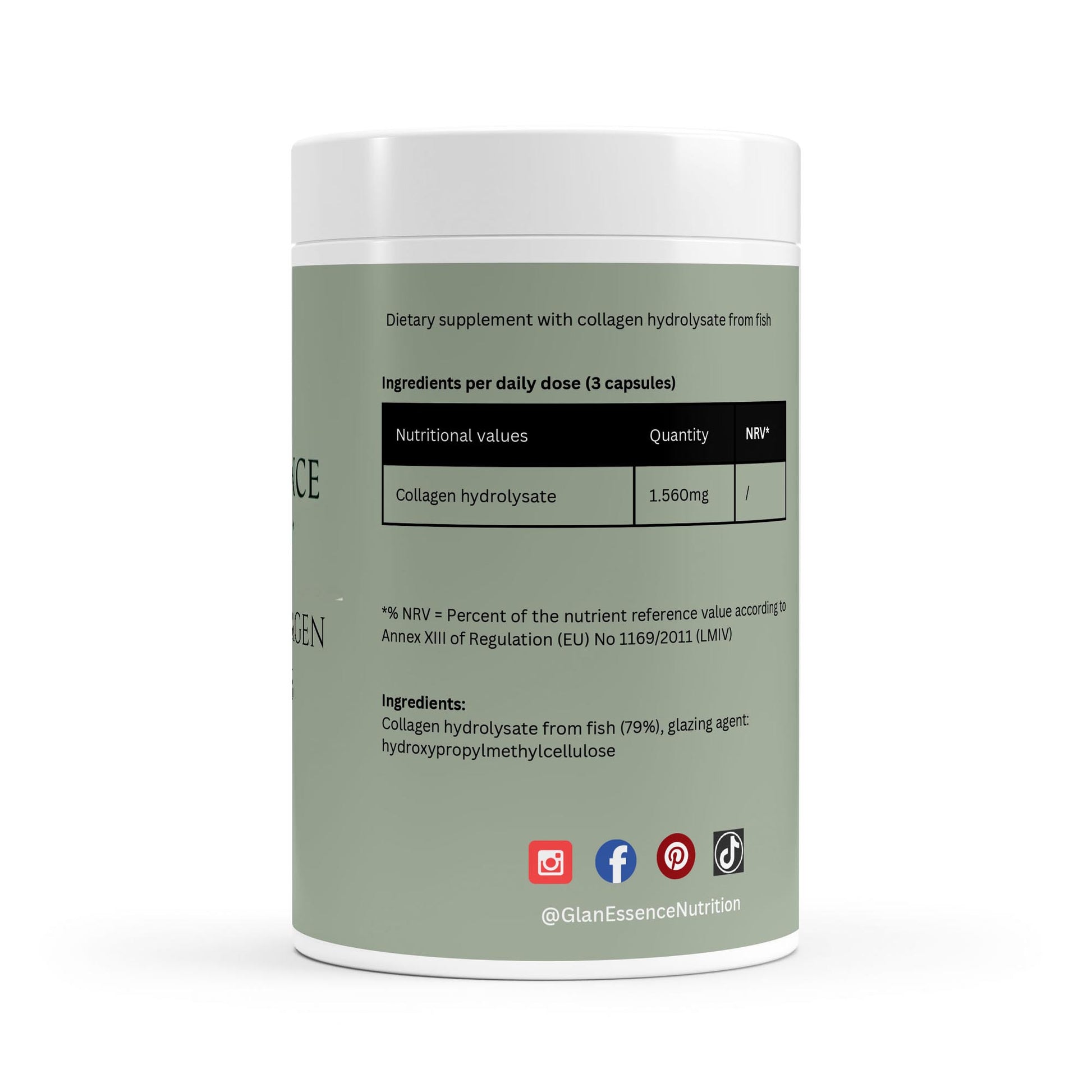 Supplement container with nutritional information and branding on a white background