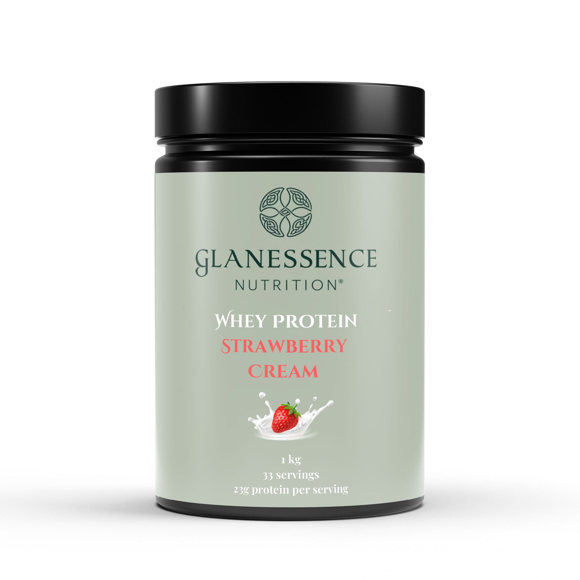 Glanessence Nutrition whey protein container with strawberry cream flavor on a white background