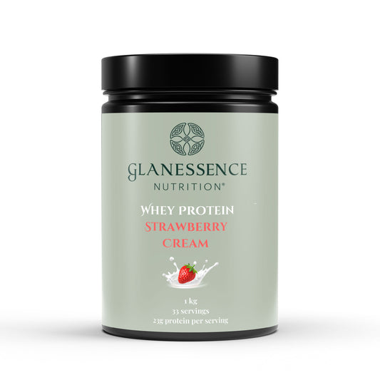 Glanessence Nutrition whey protein container with strawberry cream flavor on a white background