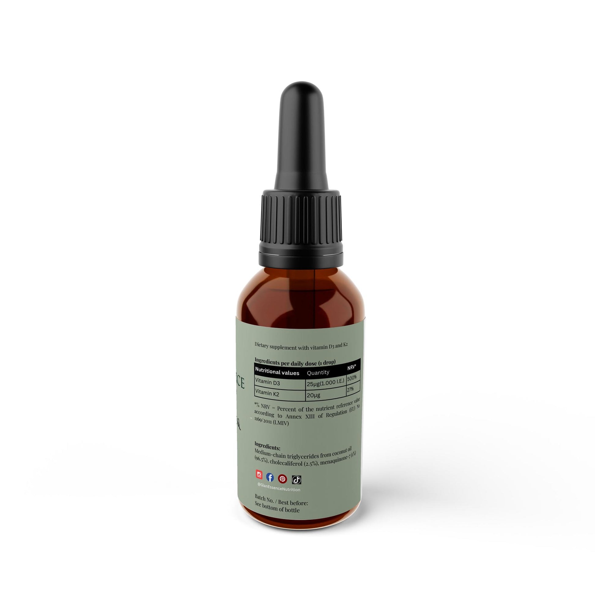 Brown glass dropper bottle with a label on a white background