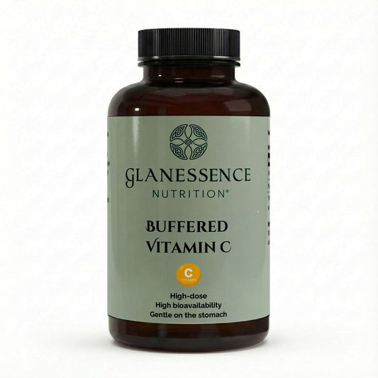 Glanessence Nutrition Buffered Vitamin C supplement bottle on a white background