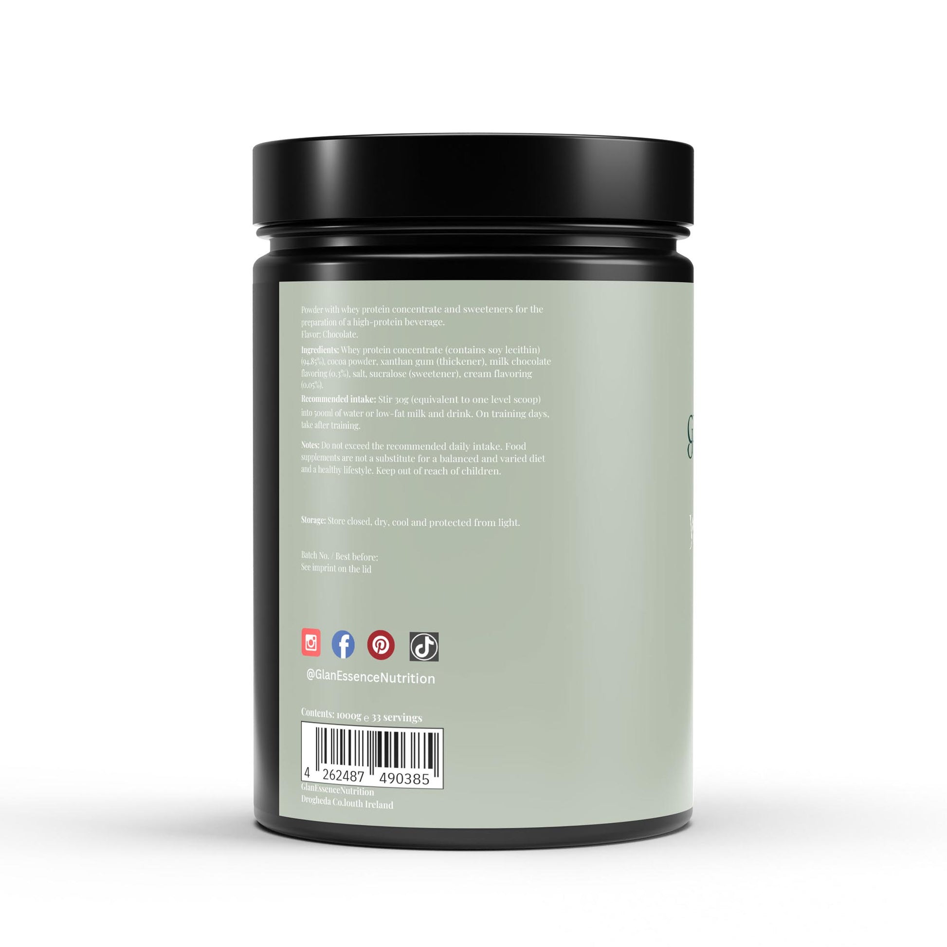 Back view of a supplement container with text and barcodes on a white background