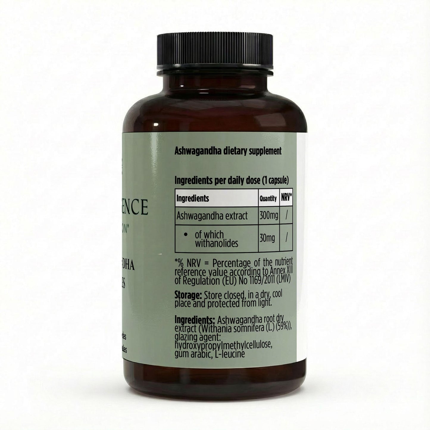 Brown supplement bottle with green label on a white background