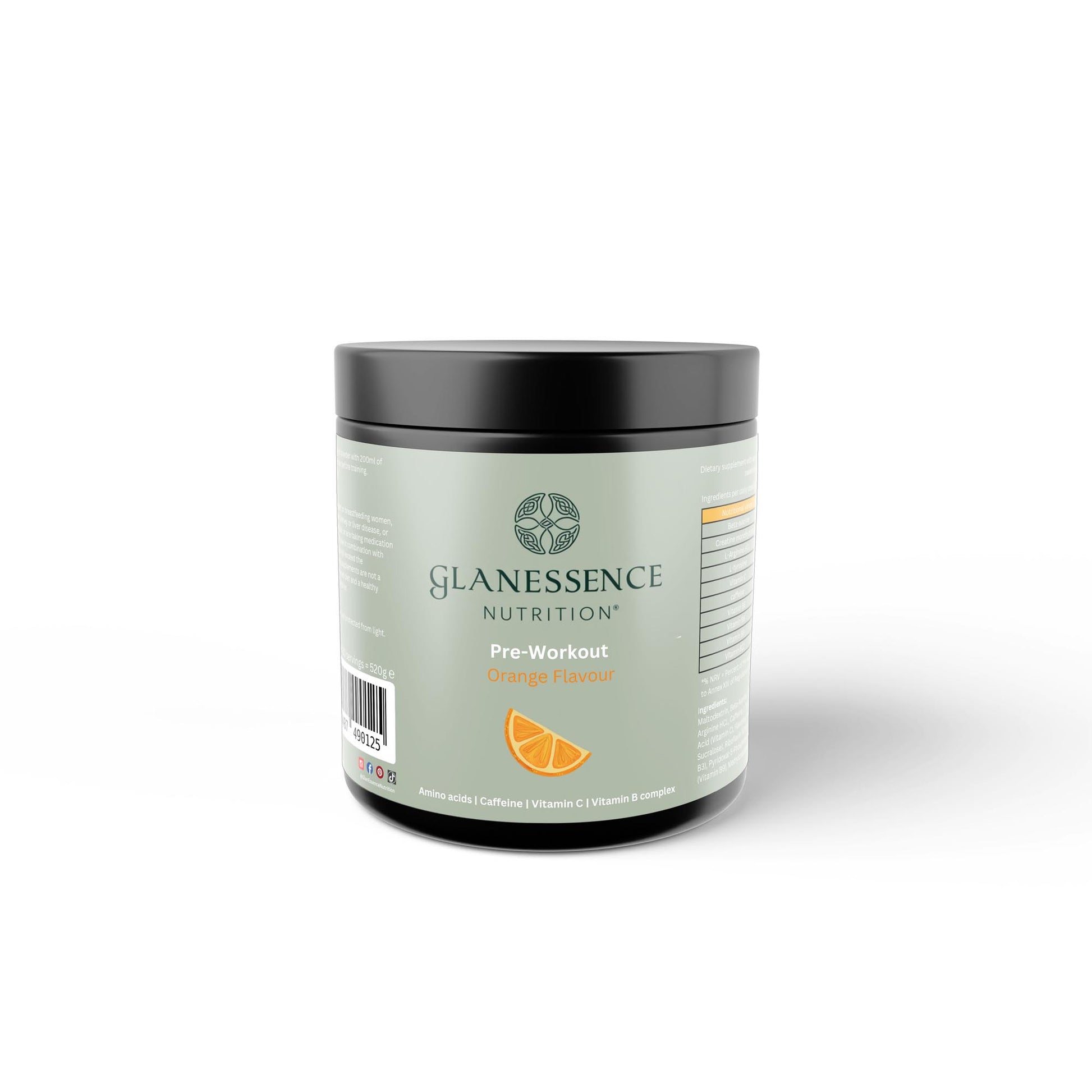 Glanessence Nutrition pre-workout supplement container on a white background