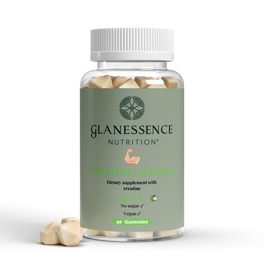 Glanessence Nutrition dietary supplement bottle with gummies on a white background