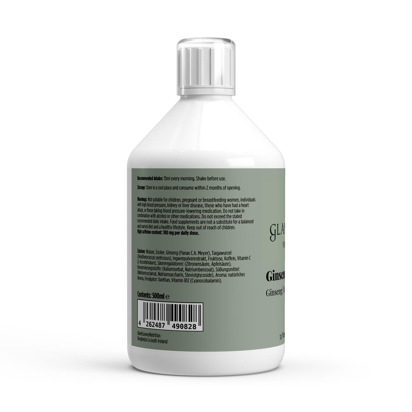Bottle label with text and a barcode on a white background
