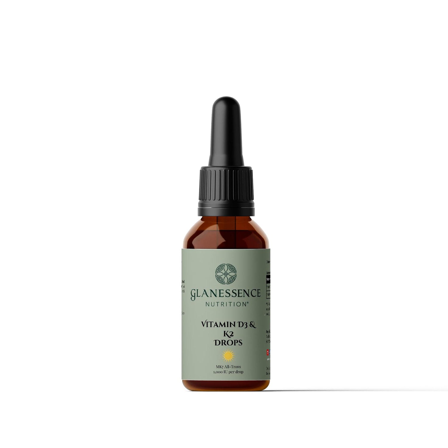 Bottle of Glanessence Nutrition Vitamin D3 & K2 drops on a white background