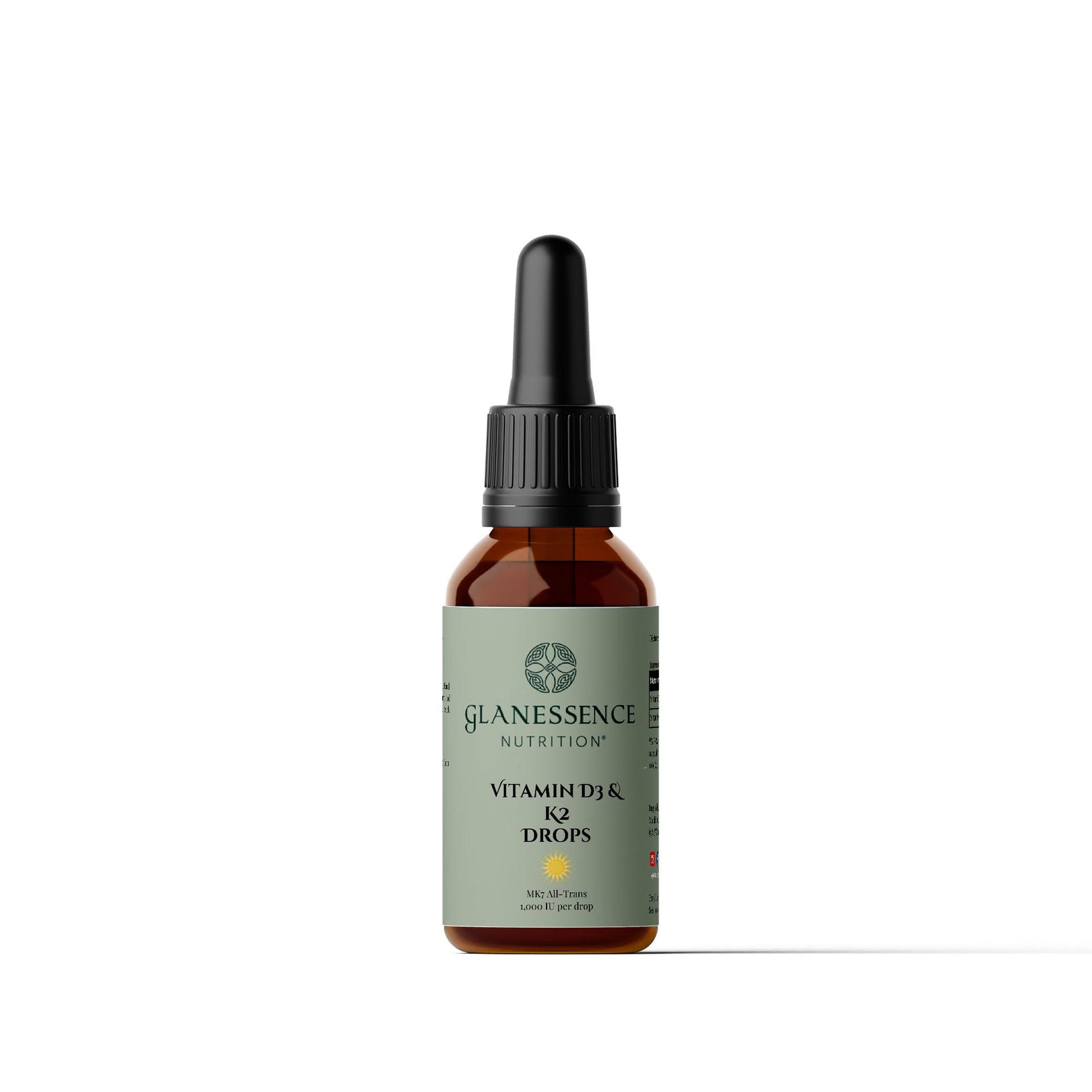 Bottle of Glanessence Nutrition Vitamin D3 & K2 drops on a white background