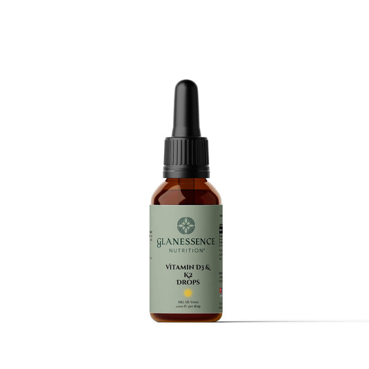 Bottle of Glanessence Nutrition Vitamin D3 & K2 drops on a white background