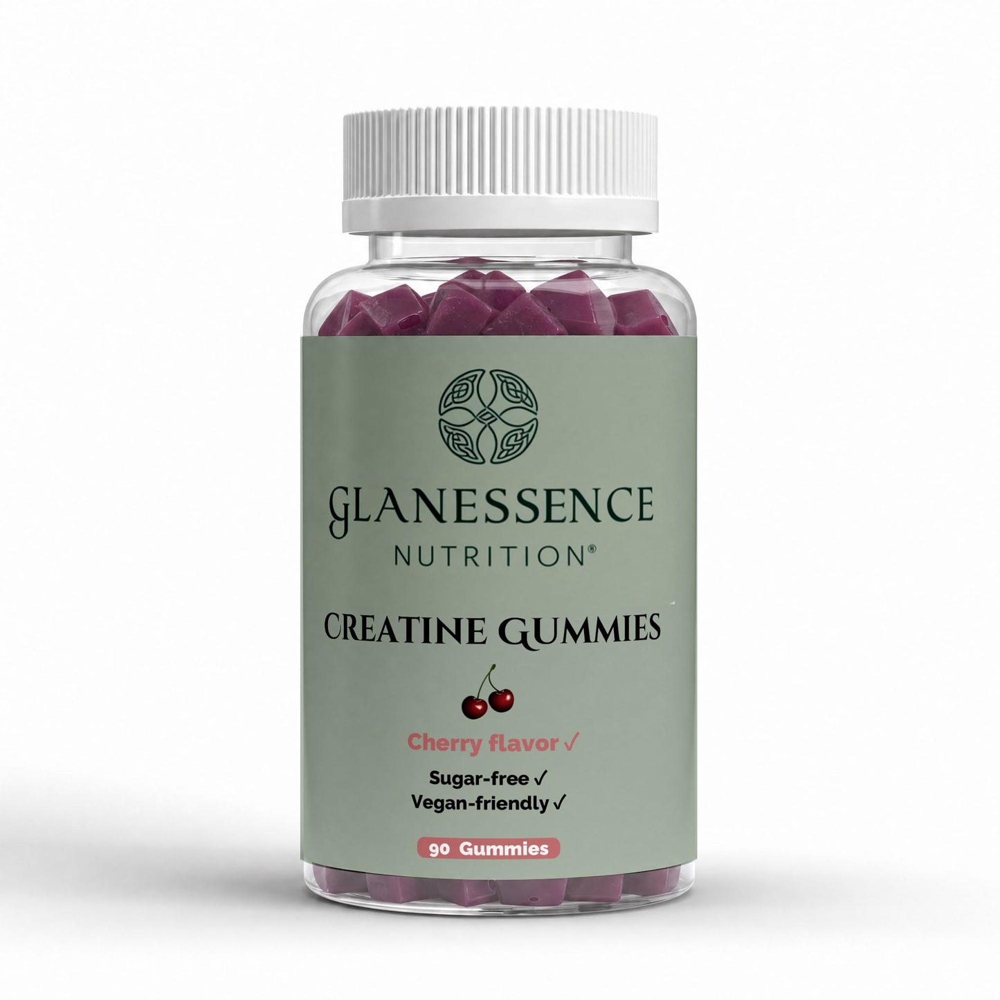 A bottle of Glanessence Nutrition Creatine Gummies in cherry flavor, containing 90 purple gummies, shown on a clean white background.
