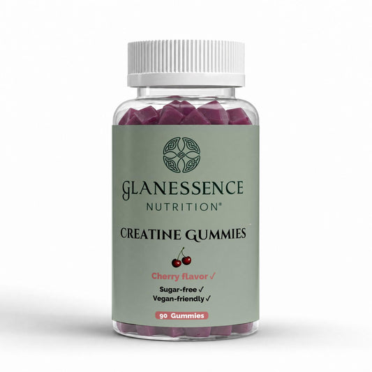 A bottle of Glanessence Nutrition Creatine Gummies in cherry flavor, containing 90 purple gummies, shown on a clean white background.