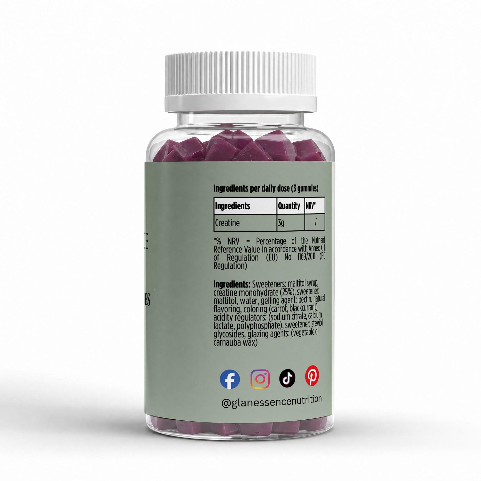 A clear supplement bottle with a ribbed white cap, showing the back of the label with ingredients, dosage, and social media icons. The bottle is filled with dark purple tablets and is photographed on a clean white background.