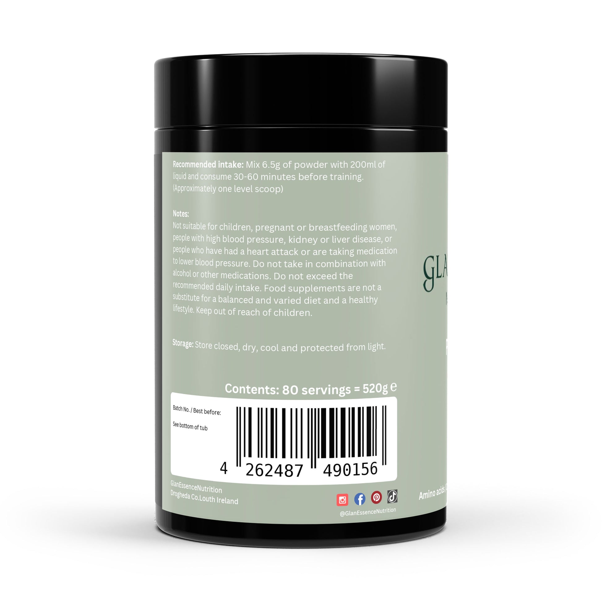 Back label of a supplement container with text and barcode on a white background