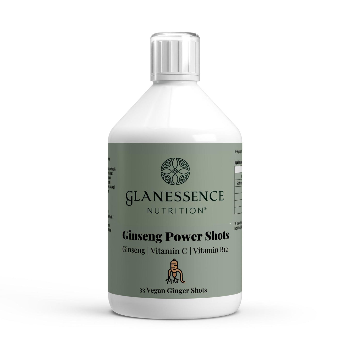 Glanessence Nutrition Ginseng Power Shots bottle on a white background