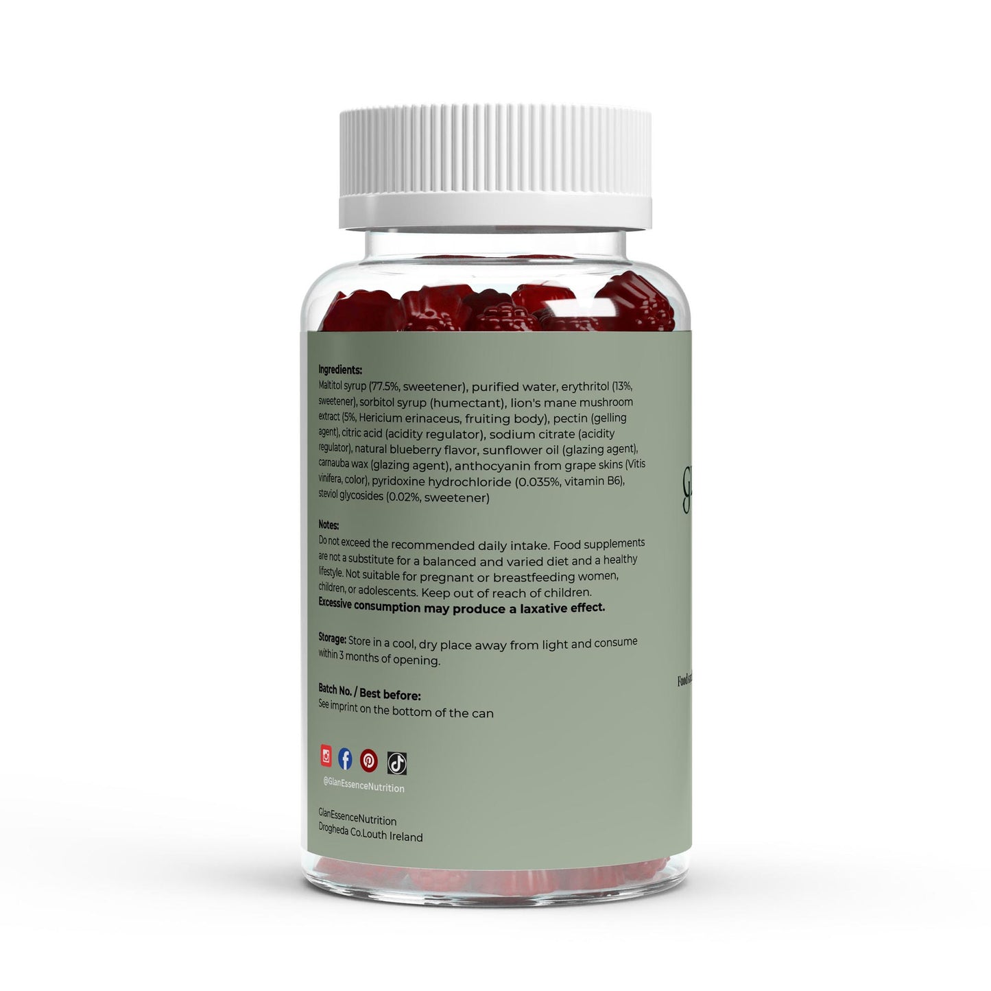 Bottle of red gummy bears with a label on a white background