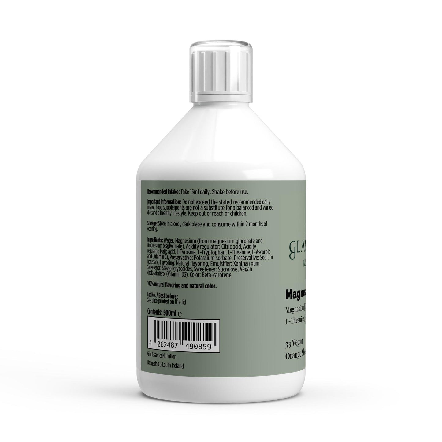 Bottle label with text and a barcode on a white background