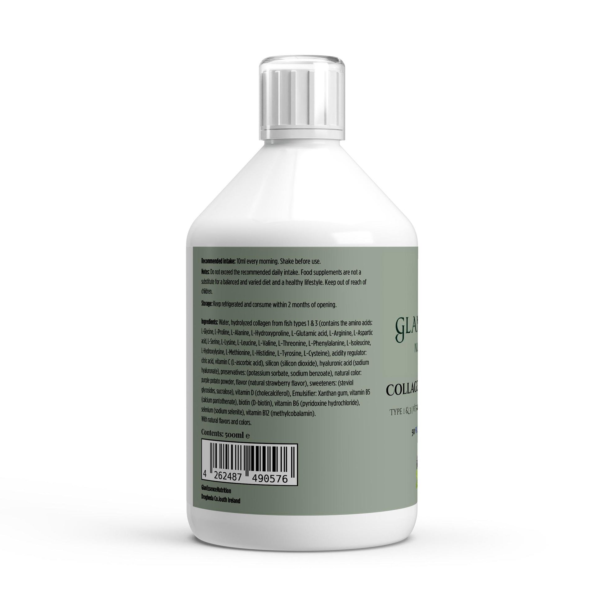 Bottle of collagen supplement with label on a white background