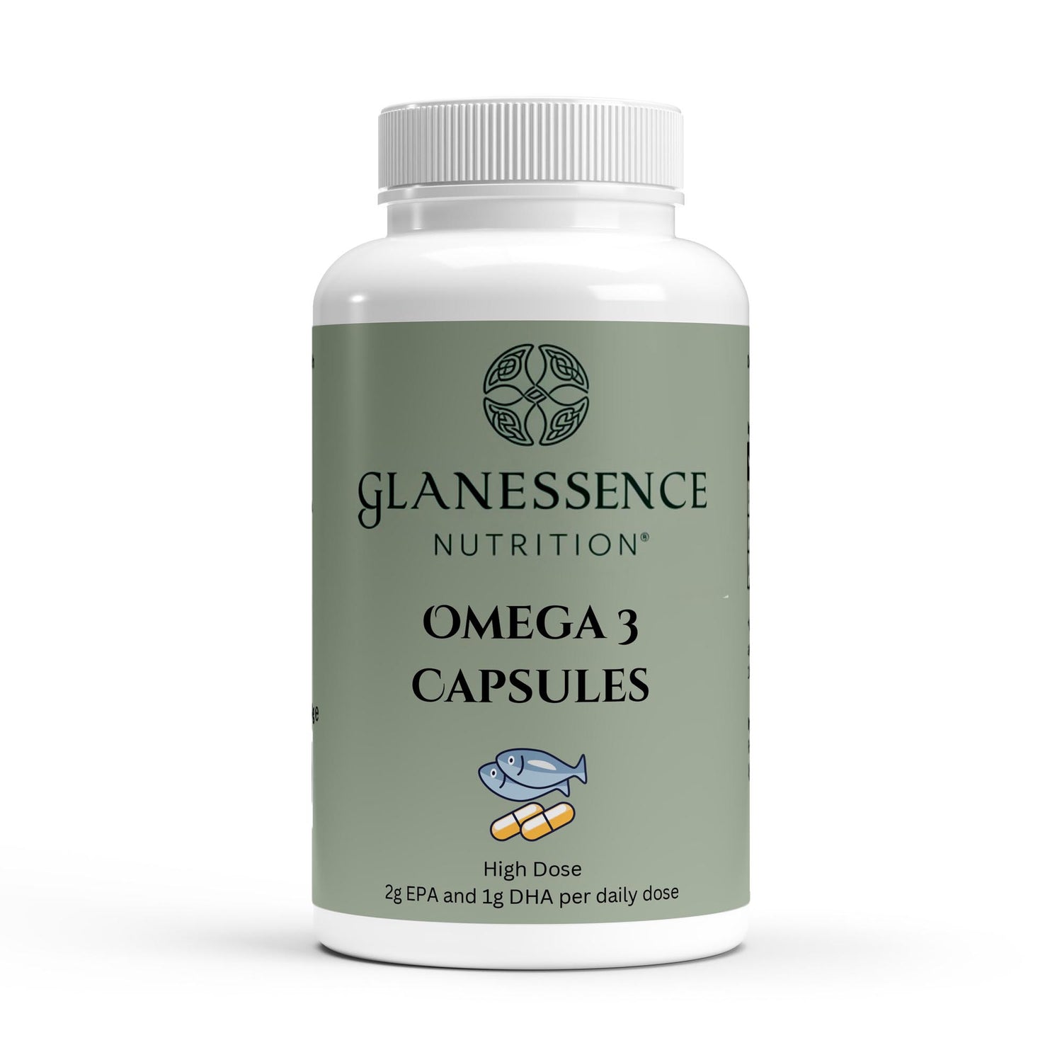 Glanessence Nutrition Omega 3 Capsules bottle on a white background