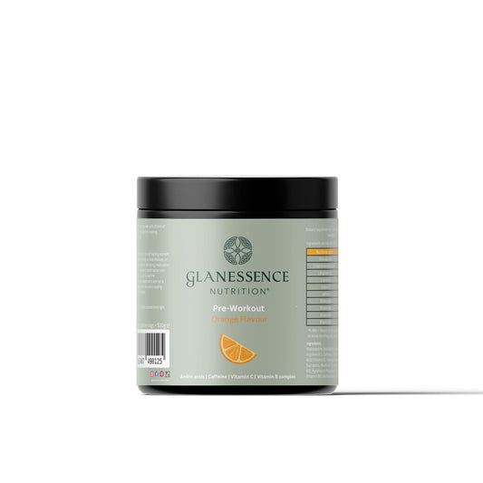 Glanessence Nutrition pre-workout supplement container on a white background