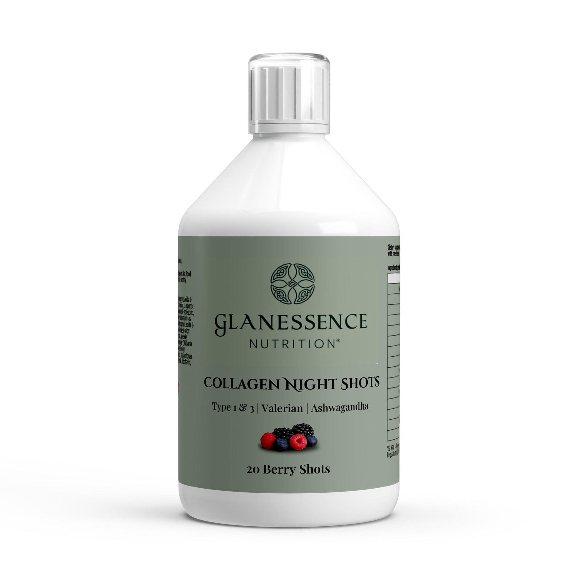 Glanessence Nutrition Collagen Night Shots bottle on a white background