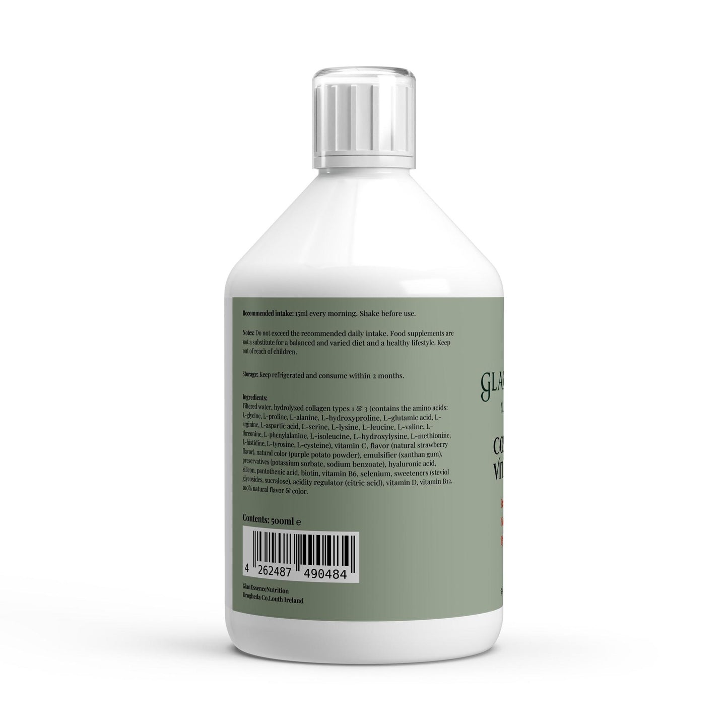 Bottle label with text and a barcode on a white background