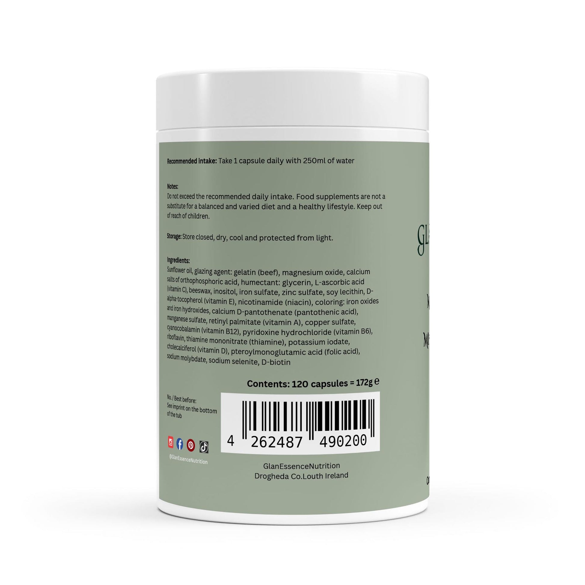 Back label of a supplement container with text and a barcode on a white background