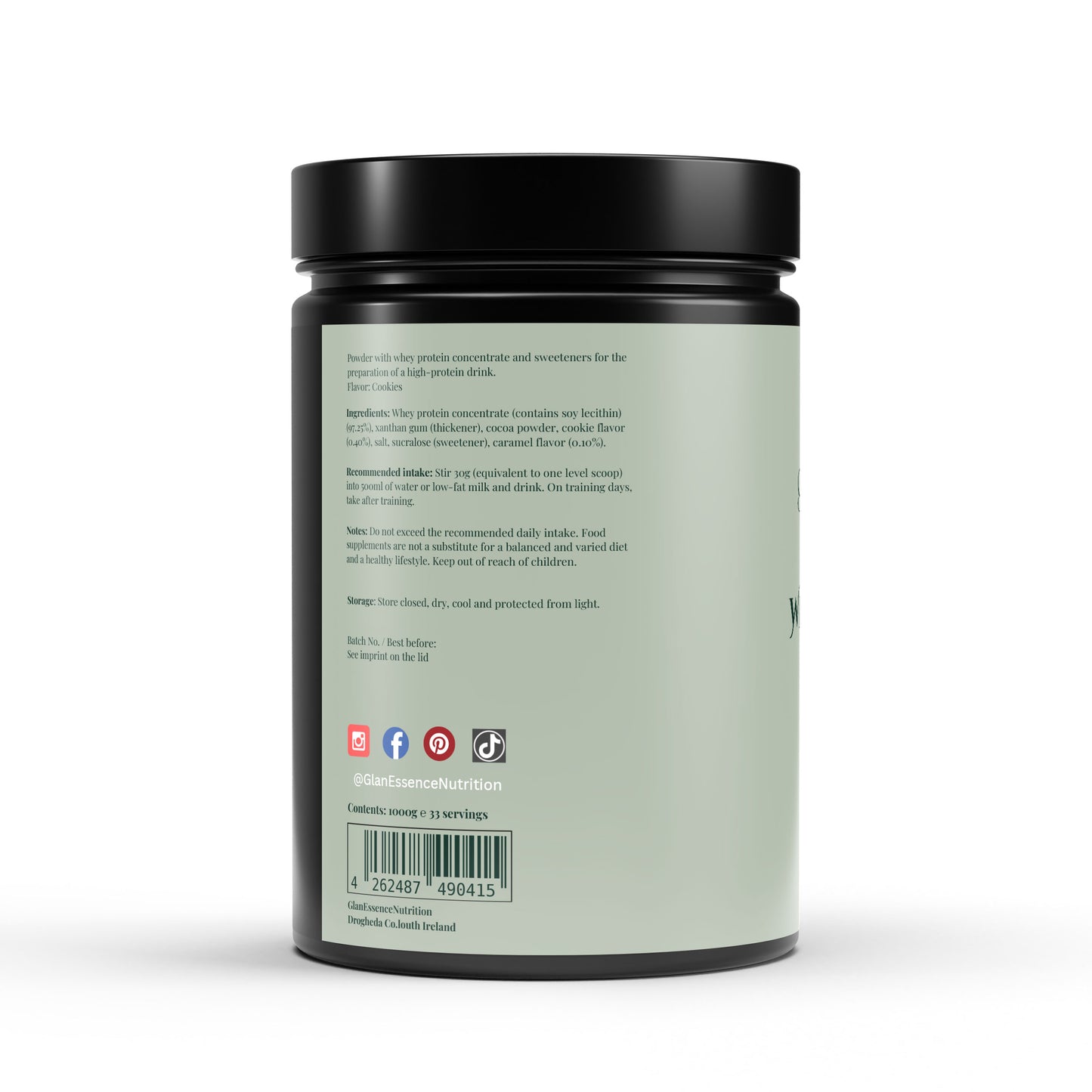 Back view of a supplement container with text and icons on a white background