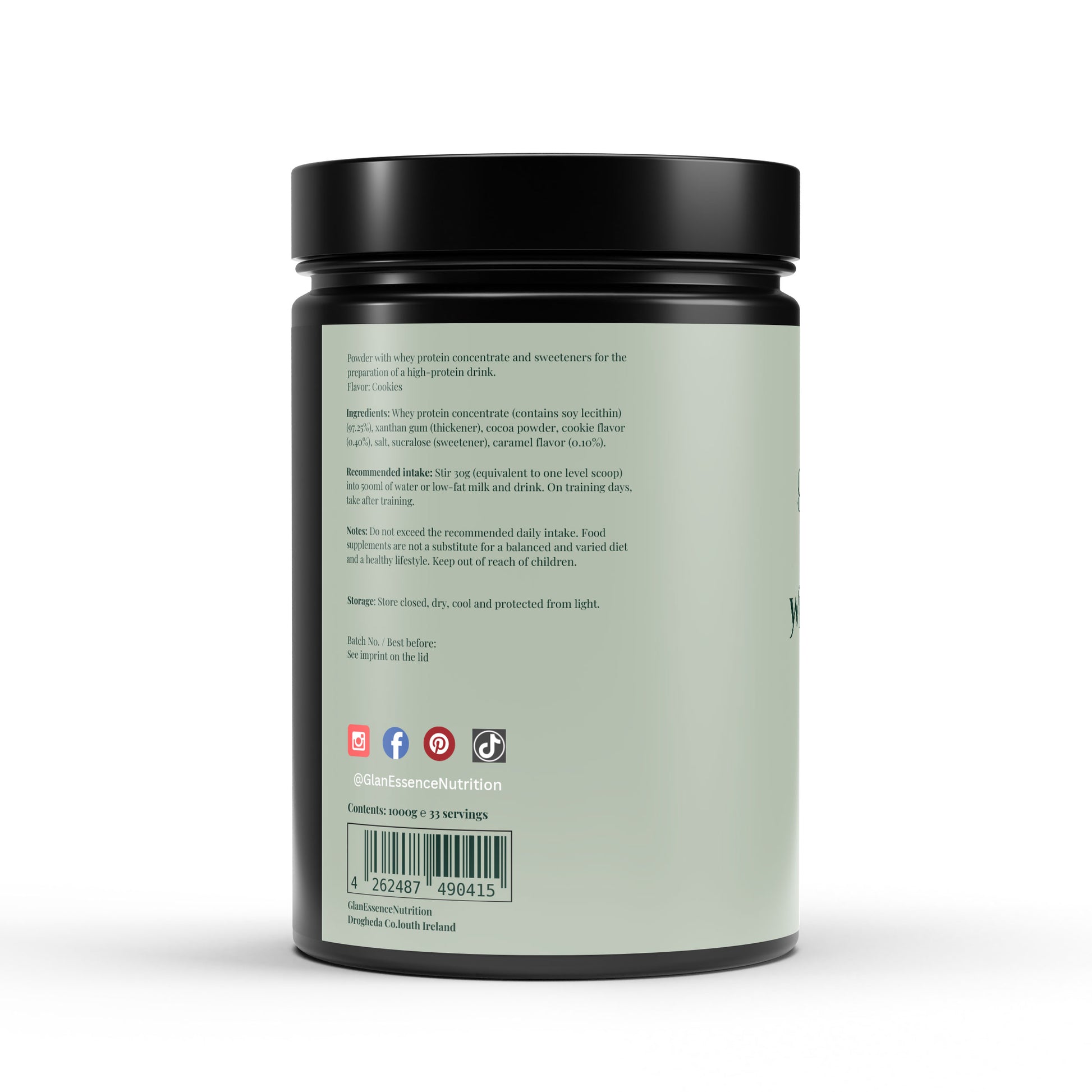 Back view of a supplement container with text and icons on a white background