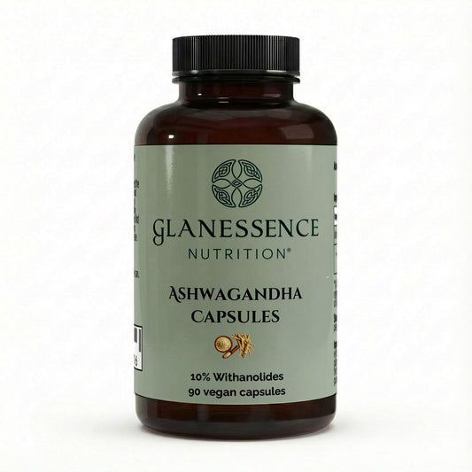 Glanessence Nutrition Ashwagandha Capsules bottle on a white background